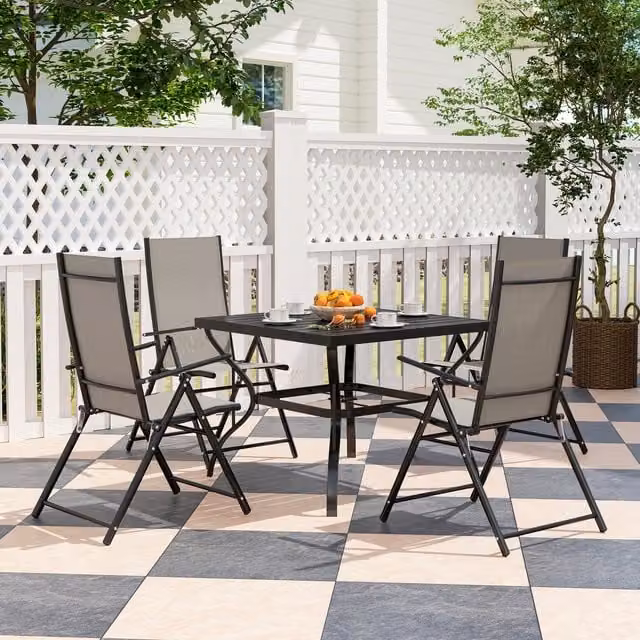 Outsunny Five-piece Garden Dining Set with Metal Top Table and Folding Chairs in Khaki