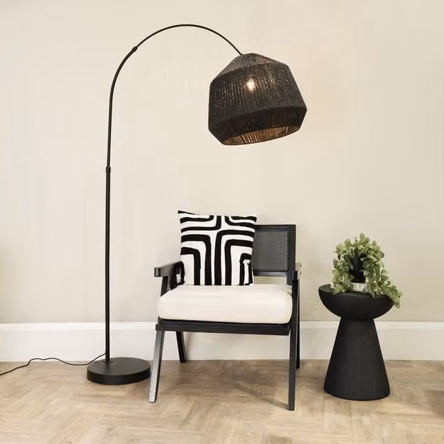 ValueLights Louis Black Arched Floor Lamp with Black Paper Shade, Height: 180 cm