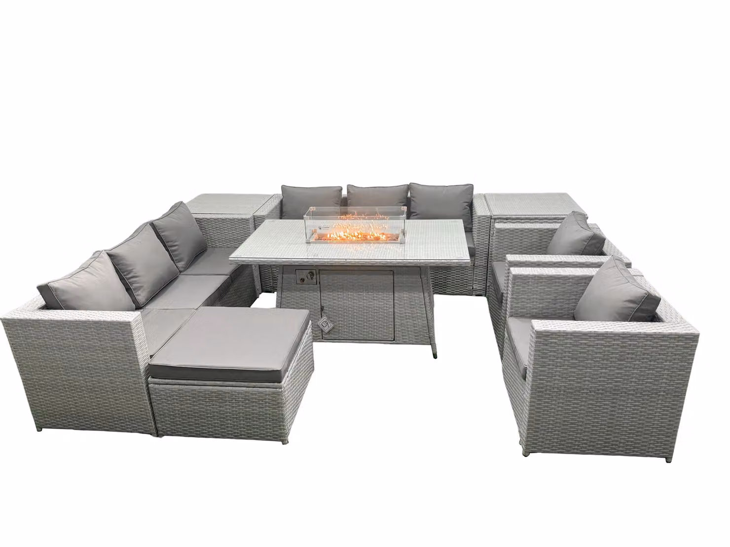 Fimous Light Grey Polyrattan Garden Furniture Set with Gas Fire Pit, Coffee Table and Upholstered Seating – 2