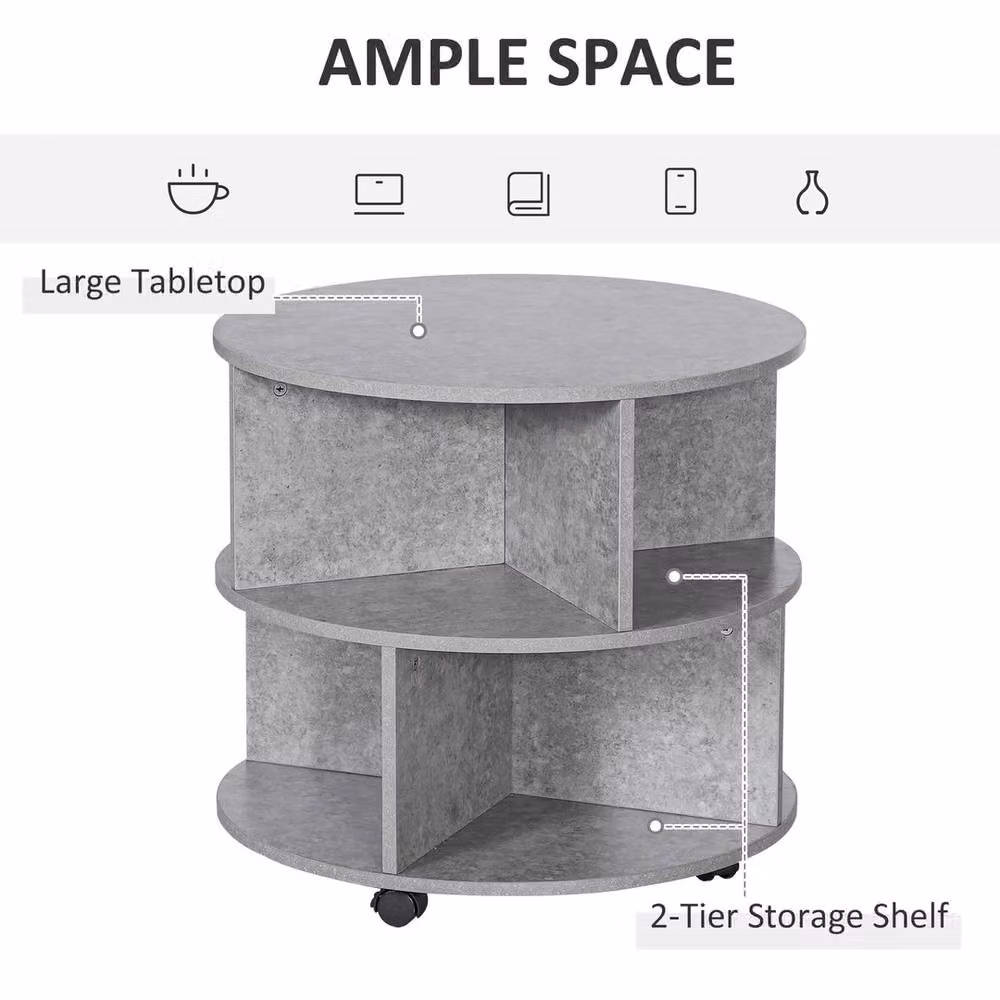 NESTLUNE 3 Tier Round Rolling Coffee Table in Grey, Diameter: 100 cm – 3