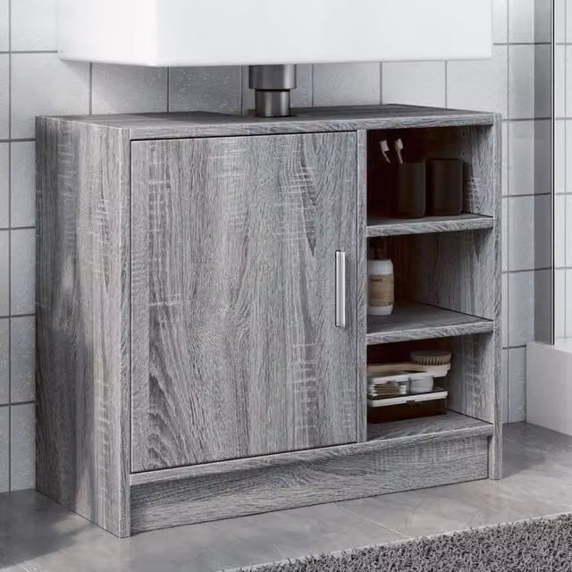 Berkfield Home Grey Sonoma Sink Cabinet with Hinged Doors and Open Shelf, W/D/H: 63 x 29 x 55 cm – 1
