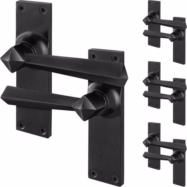 AFIT Black Antique Cast Iron Door Handles with Backplate Latch, 4 Pairs, Matt Black – 1