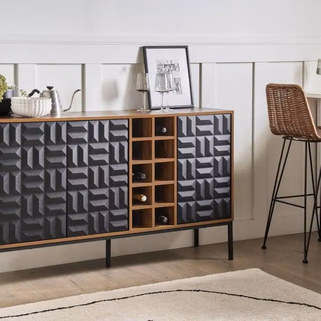 Wyld and Coco Timberline Home Sideboard in Dark Brown Wood with Steel Legs and 3 Doors, W/D/H: 140 x 40 x 85 cm – 1