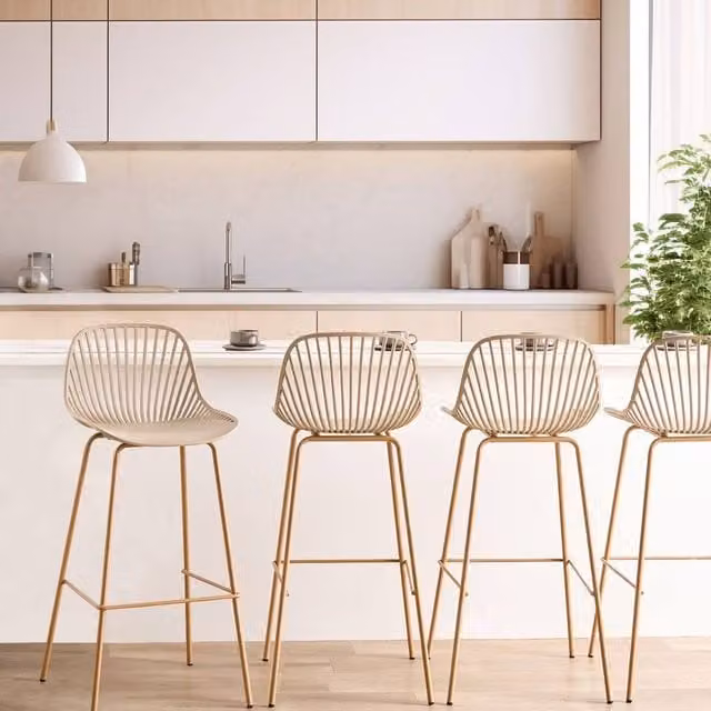 Wyld Haus Set of 4 Modern Beige Synthetic Leather Bar Stools with Matt Metal Legs