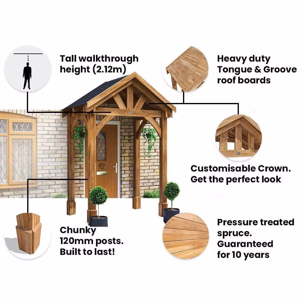 Dunster House Wooden Porch Canopy Kit with Black Shingles and 4 Posts in Brown – 3