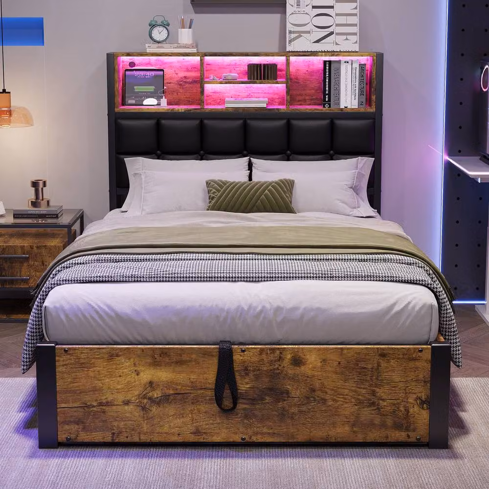Rolipo 3ft Single Hydraulic Storage Bed Frame in Brown with LED Lighting and USB Charging Ports, W/D/H: 90 x 190 cm – 3