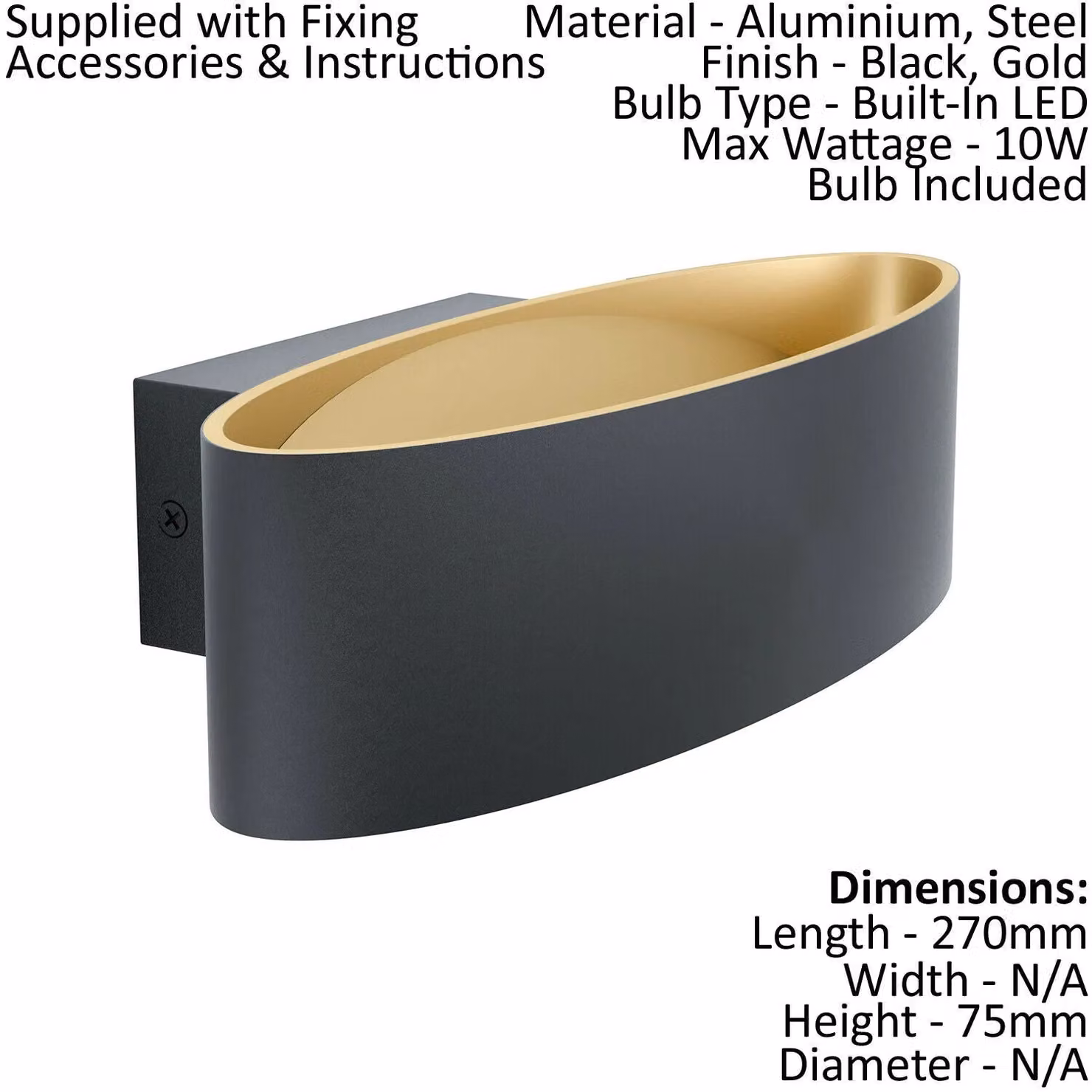 Loops 2 Pack Modern Oval LED Wall Lights in Black and Gold with Transparent Plastic Shades – 2