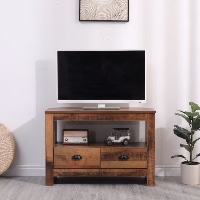 HMD Rustic Brown 2 Drawer Corner TV Unit with Shelf