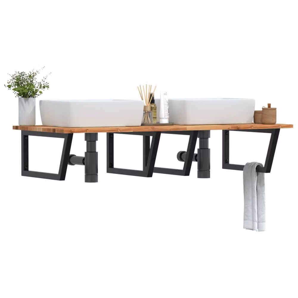 Berkfield Home Wall Mounted Basin Shelf in Brown Acacia Wood and Steel – 2