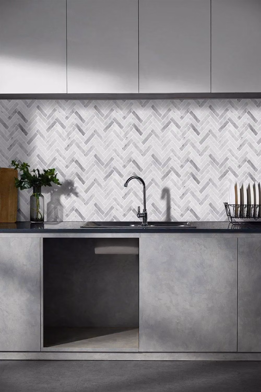 H&O Direct 10-Piece Grey Herringbone Tile-Look Waterproof and Heat Resistant Wall Stickers – 2