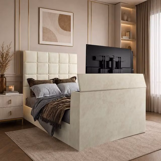 KDMD Allerton Modern Upholstered TV Bed Frame in Beige, Size: 180 x 200 cm