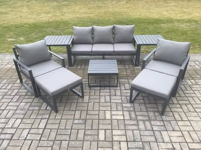 Fimous 7 Seater Aluminium Outdoor Lounge Sofa Set in Dark Grey with Coffee Table, 2 Armchairs, 2 Ottomans and 2 Side Tables