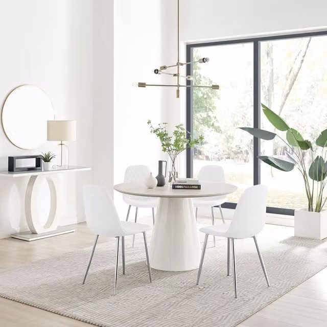 FurnitureboxUK Palma Beige Stone Effect Round Dining Table and 4 Corona Silver Chairs in White