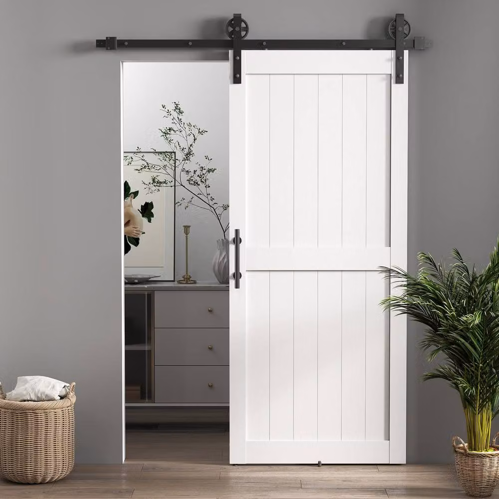 HOMCOM White Industrial Sliding Barn Door Kit with Track, MDF Wood – 2