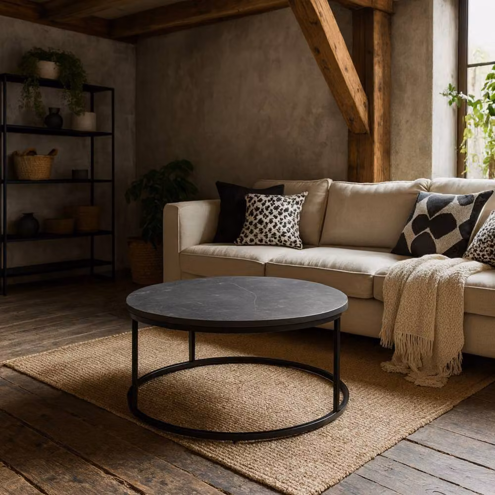 Wyld Haus Odense Round Black Marble Effect Coffee Table with Matte Black Metal Legs, Diameter: 80 cm, Height: 40 cm – 2