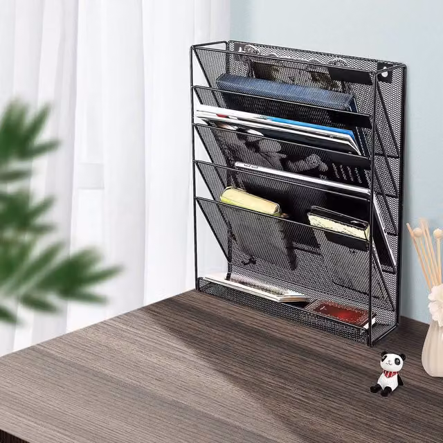 EONLION 6 Tier Wall Mounted Metal Office Filing Trays and Desk Organiser in Black, Width: 100 cm