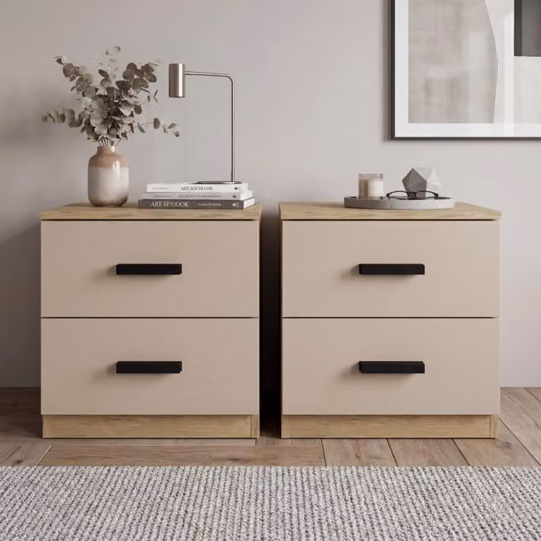 DHS Blythe Oak Cashmere Bedside Table Pair with 2 Drawers in Scandinavian Style, W/D/H: 45 x 40 x 45 cm
