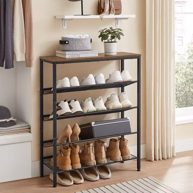 VASAGLE 5-Tier Industrial Shoe Rack with Mesh Shelves in Brown and Black, Height: 93 cm