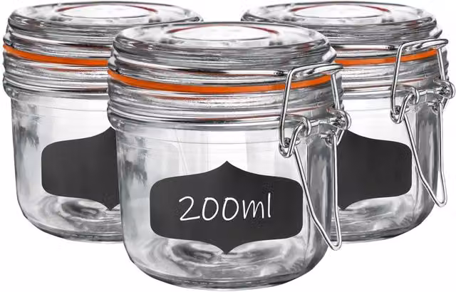 Argon Tableware 6 Pack Transparent Glass Storage Jars with Airtight Stainless Steel Clip Lids and Silicone Seals, 200ml – 4