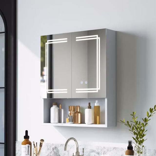 Livingandhome Modern White and Silver LED Bathroom Mirror Cabinet with Double Hinged Doors, Integrated Lighting, Sensor Switch and Anti-Fog Feature