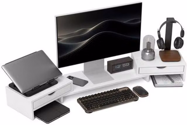 NESTLUNE Dual Monitor Stand Riser with Adjustable Length and Angle in White – 1