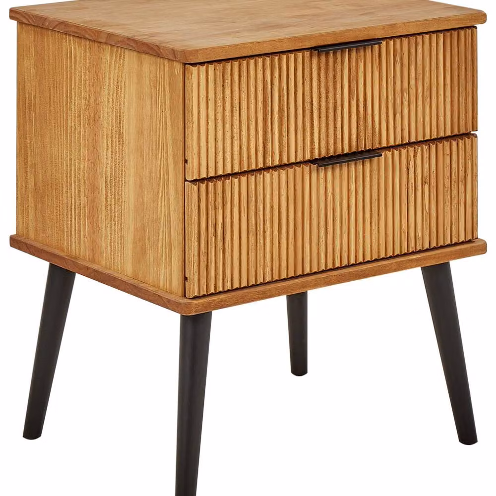 Wyld and Coco Mid-Century Waxed Pine Bedside Table with 2 Drawers in Brown and Black, W/D/H: 40 x 40 x 56 cm – 2