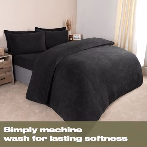 Brentfords Teddy Fleece Superking Duvet Cover Set in Black, including Duvet Cover 200 x 200 cm and Pillowcases 50 x 75 cm – 4