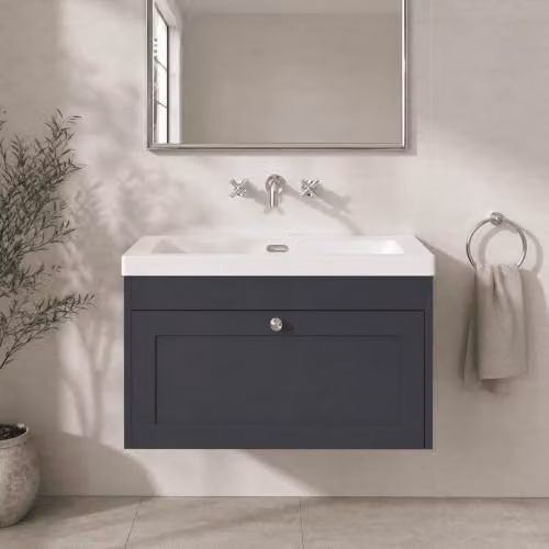 Balterley Wall Hung Single Drawer Vanity Unit with Rectangular Basin and Tap Hole in Dark Grey, W/D/H: 80.0 x 45.3 x 43.1 cm – 2