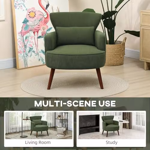HOMCOM Retro Cord Green Tub Armchair with Solid Wood Frame, W/D/H: 69.5 x 78.0 x 69.0 cm – 7