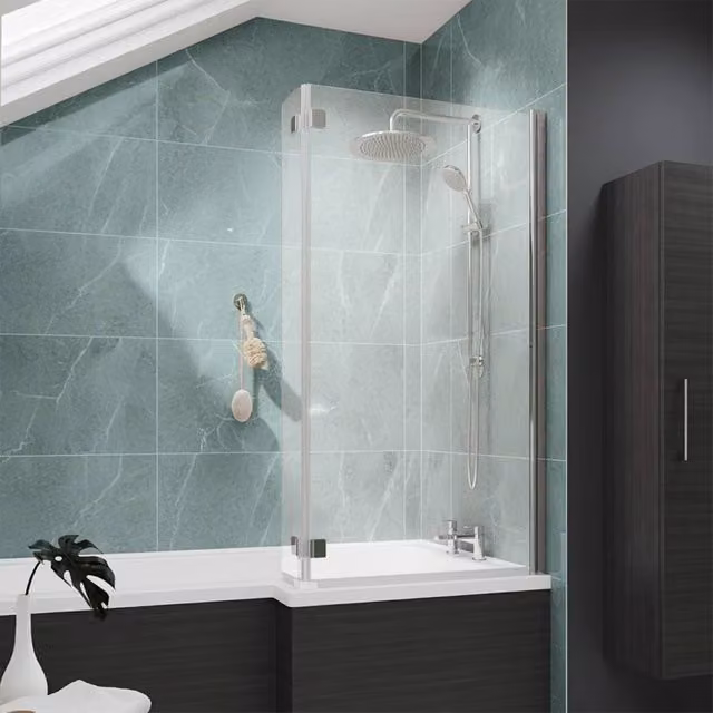 Nes Home Reversible L-Shape Tempered Glass Bath Screen in Clear with Chrome Frame, Width: 83 cm – 1