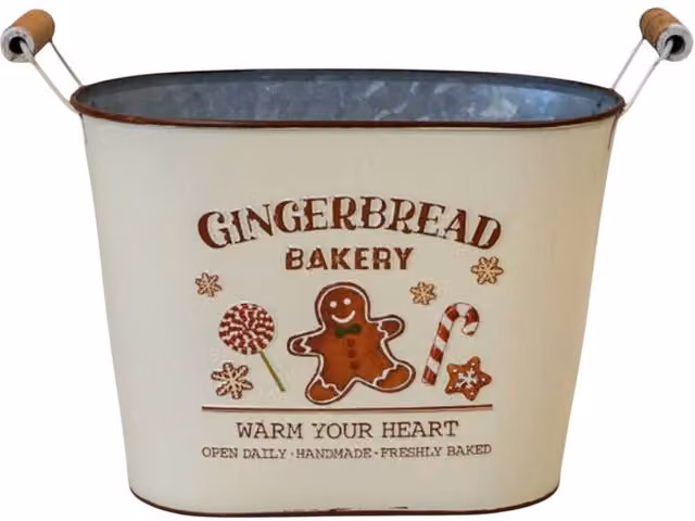 Four Candle Christmas Gingerbread Bakery Metal Oval Tabletop Planter in White and Beige