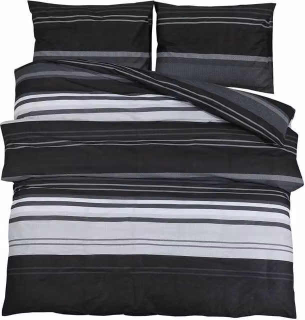 Berkfield Home Striped Cotton Duvet Cover and Pillowcase Set in Black and White, W/D/H: 225 x 220 cm