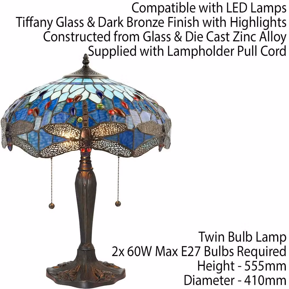 Loops Tiffany Glass Table Lamp with Blue Dragonfly Shade and Dark Bronze Base – 2