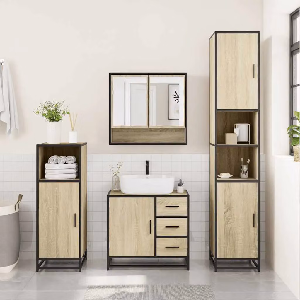 Berkfield Home 3 Piece Industrial Bathroom Furniture Set in Brown Sonoma Oak Engineered Wood – 2