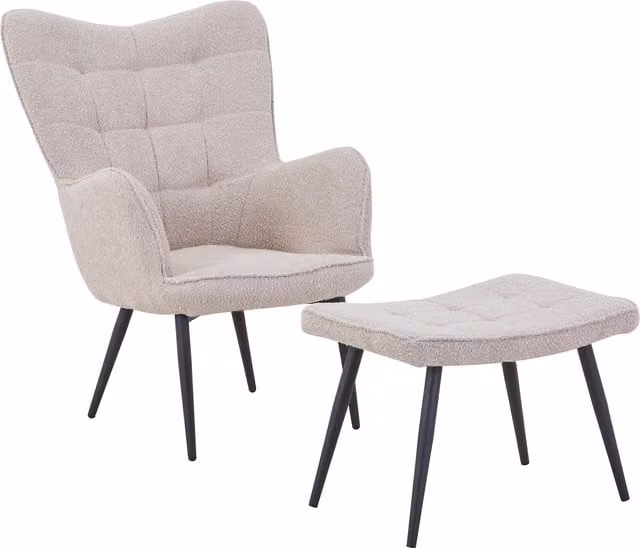 Shankar Mid-Century Bouclé Fabric Armchair and Matching Ottoman in Beige, Brown or Black
