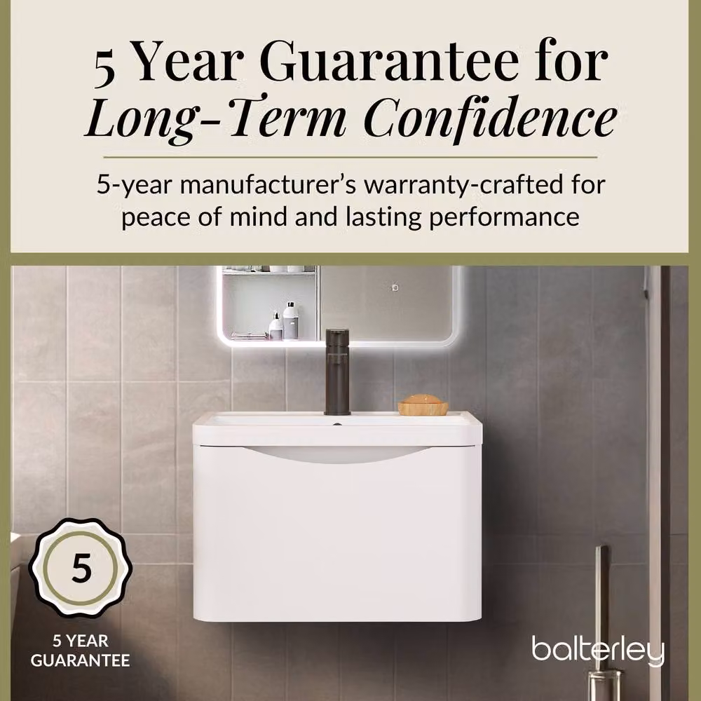 Balterley White Wall Hung 1 Drawer Bathroom Vanity with Polymarble Basin, Width: 60 cm – 3