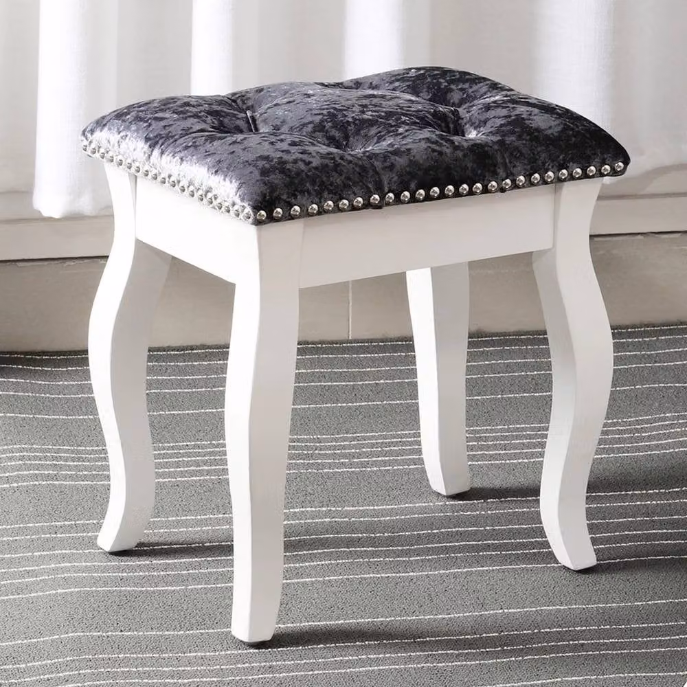 KORVIXA Grey Velvet Upholstered Dressing Table Stool with Wood Frame W/D/H: 100 x 100 x 100 cm – 2