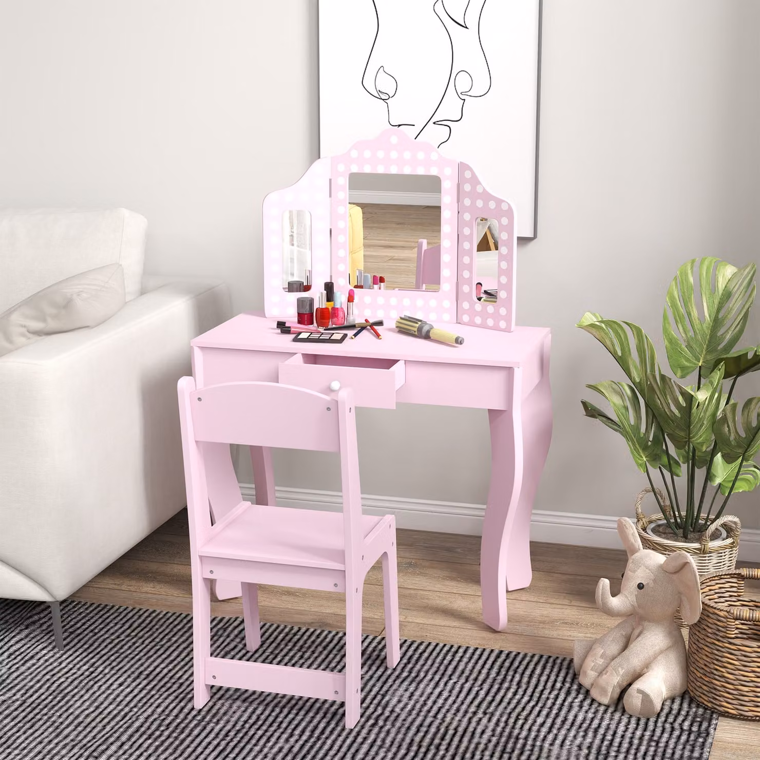 AIYAPLAY Kids Dressing Table Set with Stool, Tri-Fold Mirror and Drawer, Pink – 2