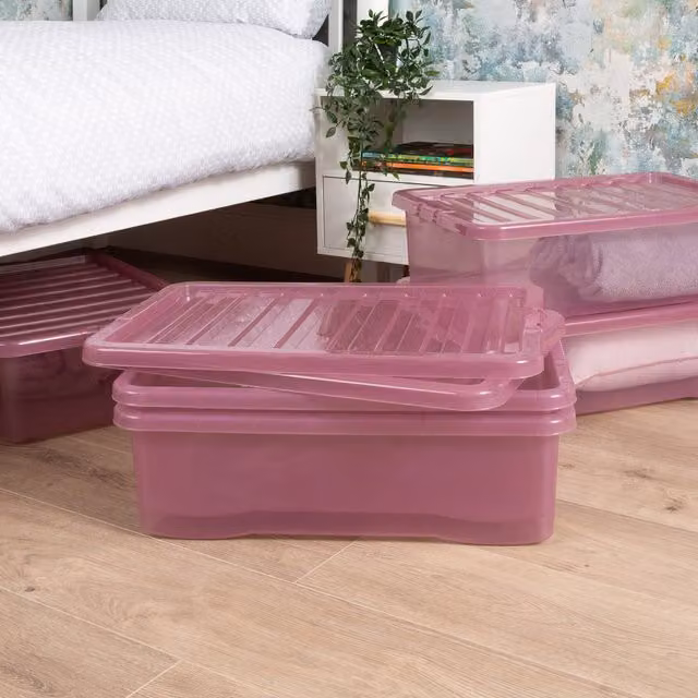 Wham Crystal 5 x 32L Plastic Storage Boxes with Lids, Pink