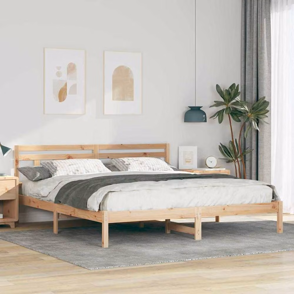Berkfield Home Traditional Bed with Headboard in Brown and Beige Pine Wood, 200 x 200 cm – 1