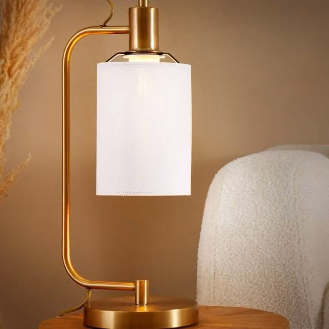 Wyld and Coco Table Lamp with White Fabric Shade and Brushed Copper Base, Height: 46 cm – 1