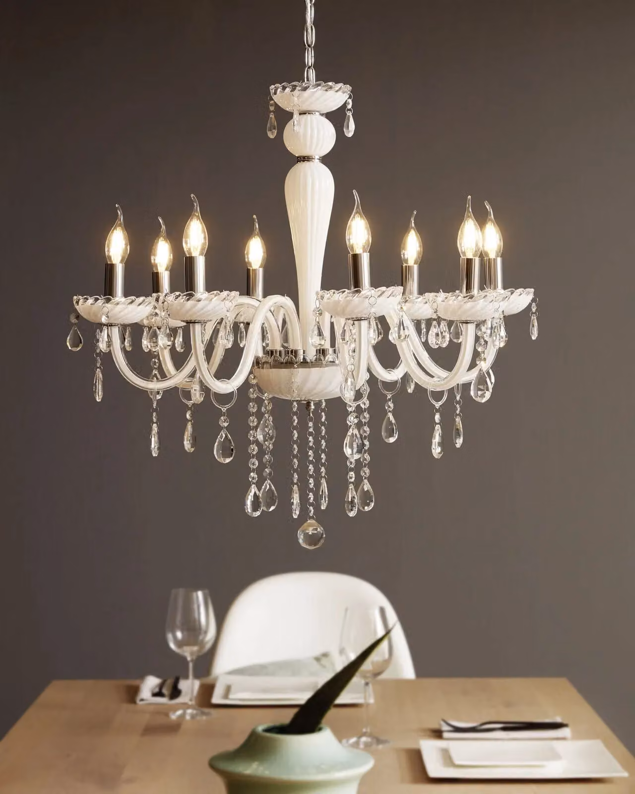 Loops Chandelier Pendant Light in Chrome with White Glass Droplets, E14 Bulb Compatible – 2