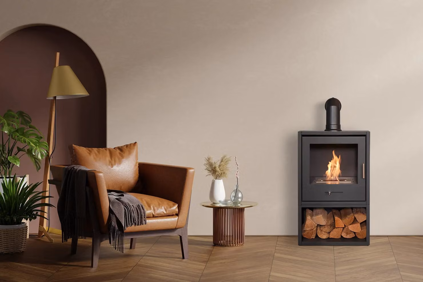 OKO S3 Bio Ethanol Stove with Log Storage and Angled Stove Pipe in Charcoal Grey – 2