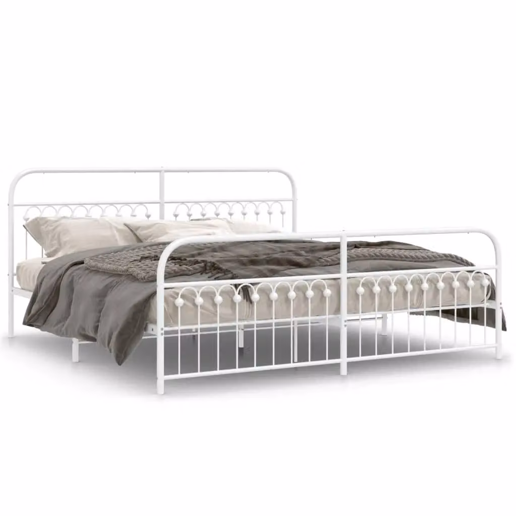 Berkfield Home Metal Bed Frame with Footboard, White, W: 193 cm, D: 203 cm – 2
