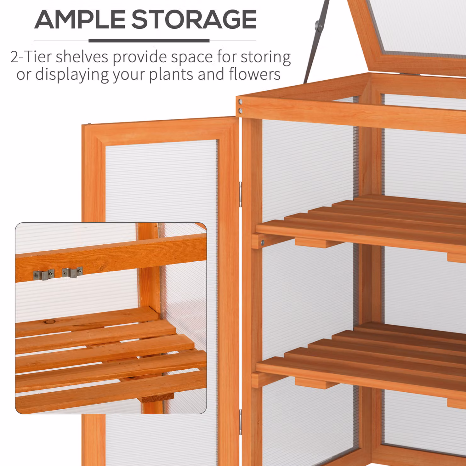 Outsunny 3-tier Wood and Polycarbonate Garden Greenhouse with Storage Shelf, Brown – 5