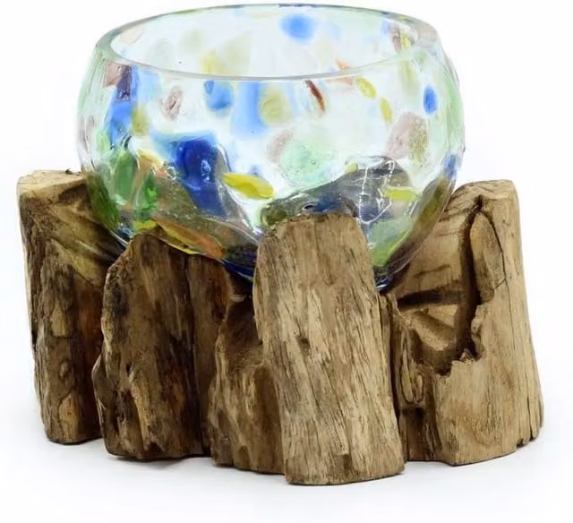 KDMD Small Round Decorative Molten Multicolour Glass and Wood Bowl with Rustic Abstract Design – 1