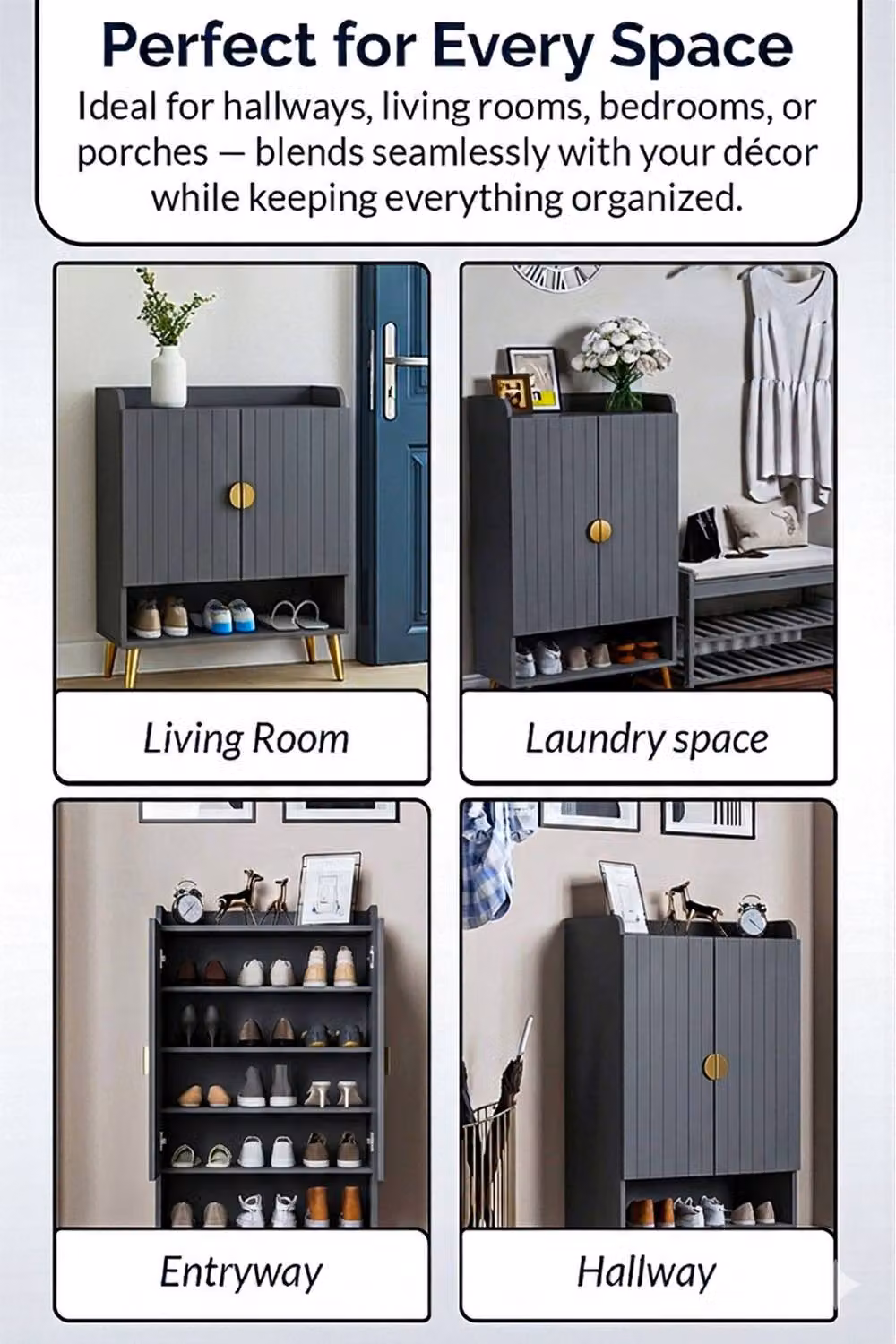 HYGRAD BUILT TO SURVIVE Modern Shoe Cabinet with 2 Doors and Open Shelf, Grey and Gold Entryway Storage Unit – 3