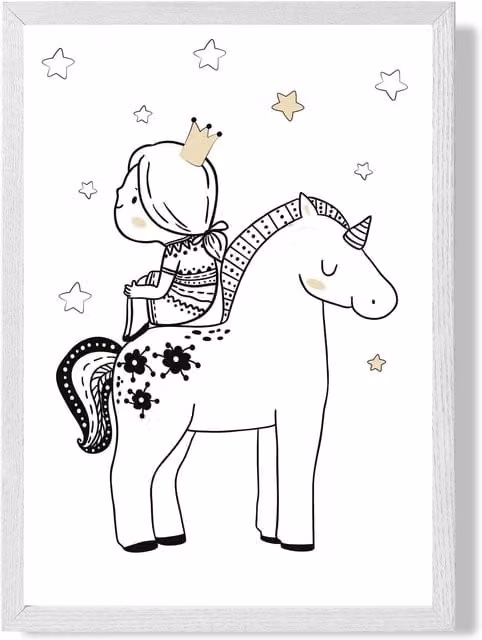 ARTZE Scandi Princess Sitting on Unicorn Framed Paper Poster, Black and White Illustration, Size: A3