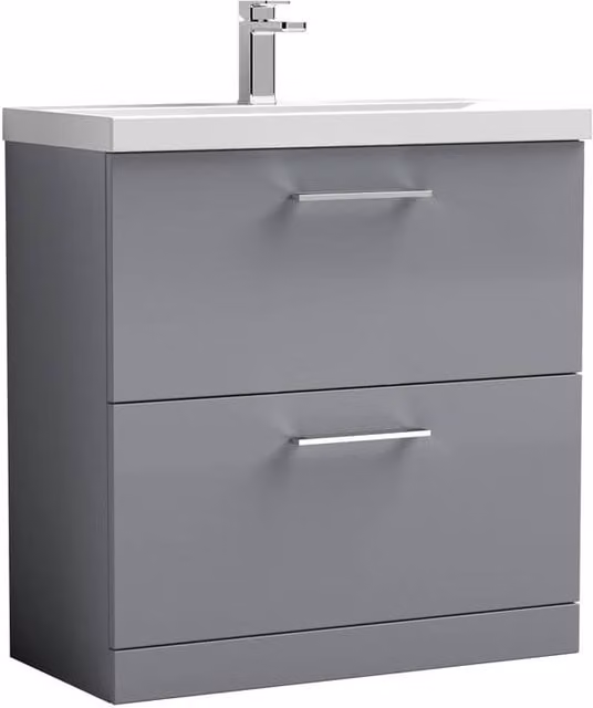 Balterley Contemporary Floor Standing 2 Drawer Bathroom Vanity Unit with Mid-Edge Ceramic Basin, Satin Grey, W: 80 cm, D: 39 cm, H: 84 cm