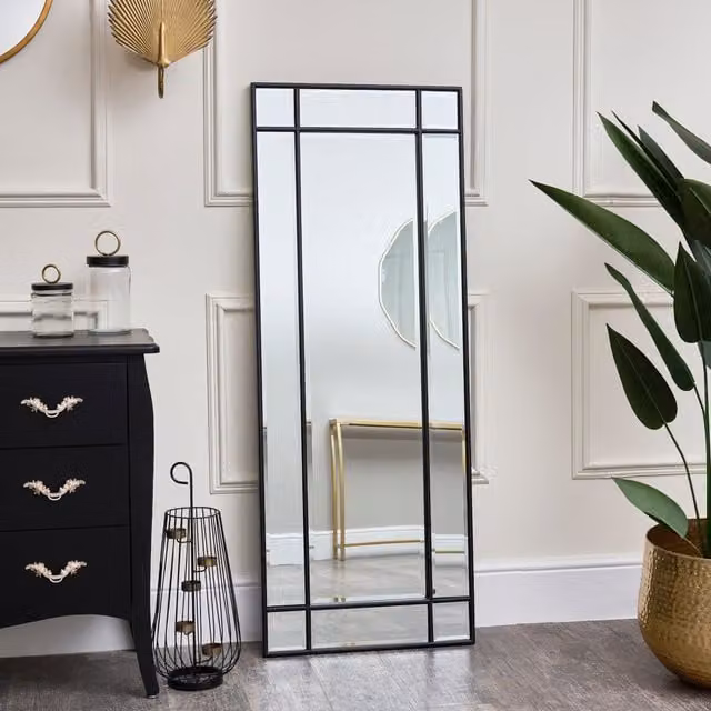 Melody Maison Art Deco Black Framed Wall or Leaner Mirror, H 142 cm x W 54 cm – 1